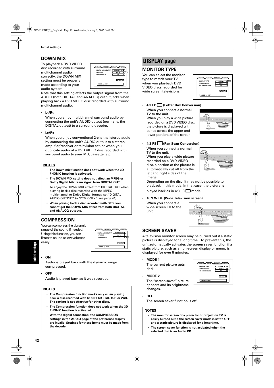 Display page, Down mix, Compression | Monitor type, Screen saver | JVC XV-S300BK User Manual | Page 44 / 54