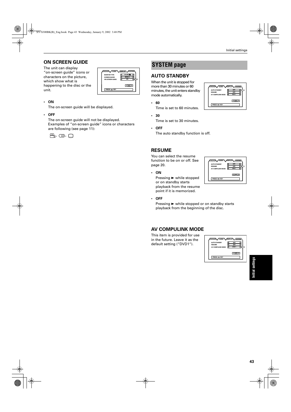 System page, On screen guide, Auto standby | Resume, Av compulink mode | JVC XV-S300BK User Manual | Page 45 / 54