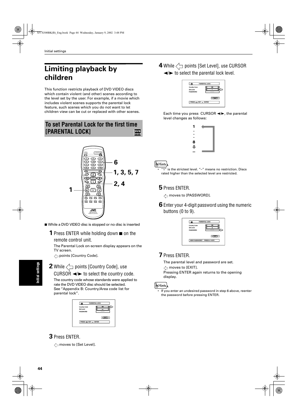 Limiting playback by children, Press enter | JVC XV-S300BK User Manual | Page 46 / 54