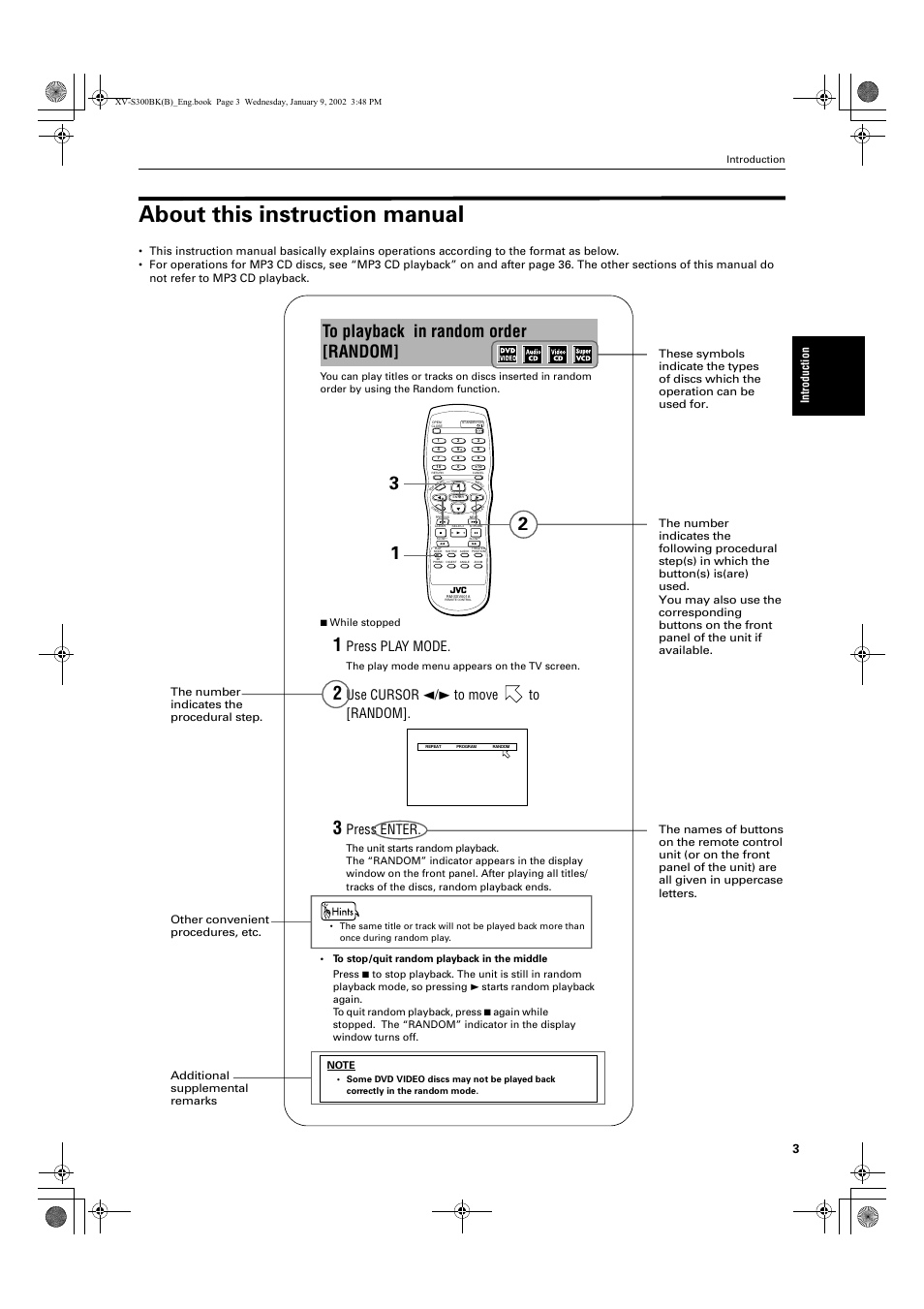 About this instruction manual, Press play mode, Use cursor 2/3 to move to [random | Press enter, Intro duction | JVC XV-S300BK User Manual | Page 5 / 54