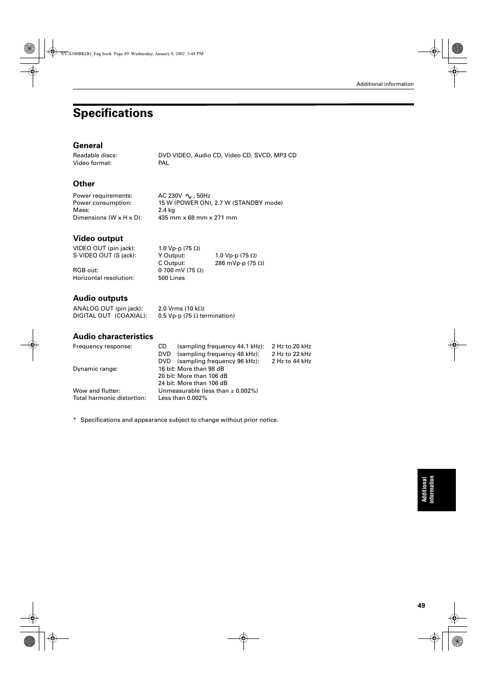 Specifications, General, Other | Video output, Audio outputs, Audio characteristics | JVC XV-S300BK User Manual | Page 51 / 54