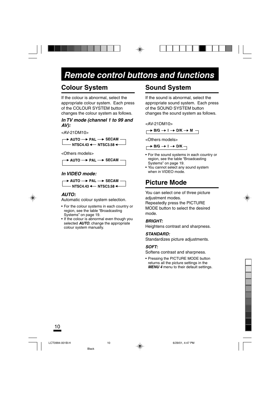 Remote control buttons and functions, Colour system, Sound system | Picture mode | JVC AV-14ATG2 User Manual | Page 10 / 19
