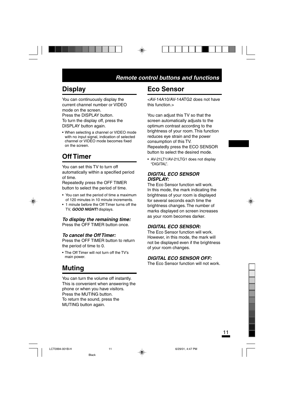 Display, Off timer, Muting | Eco sensor, Remote control buttons and functions | JVC AV-14ATG2 User Manual | Page 11 / 19
