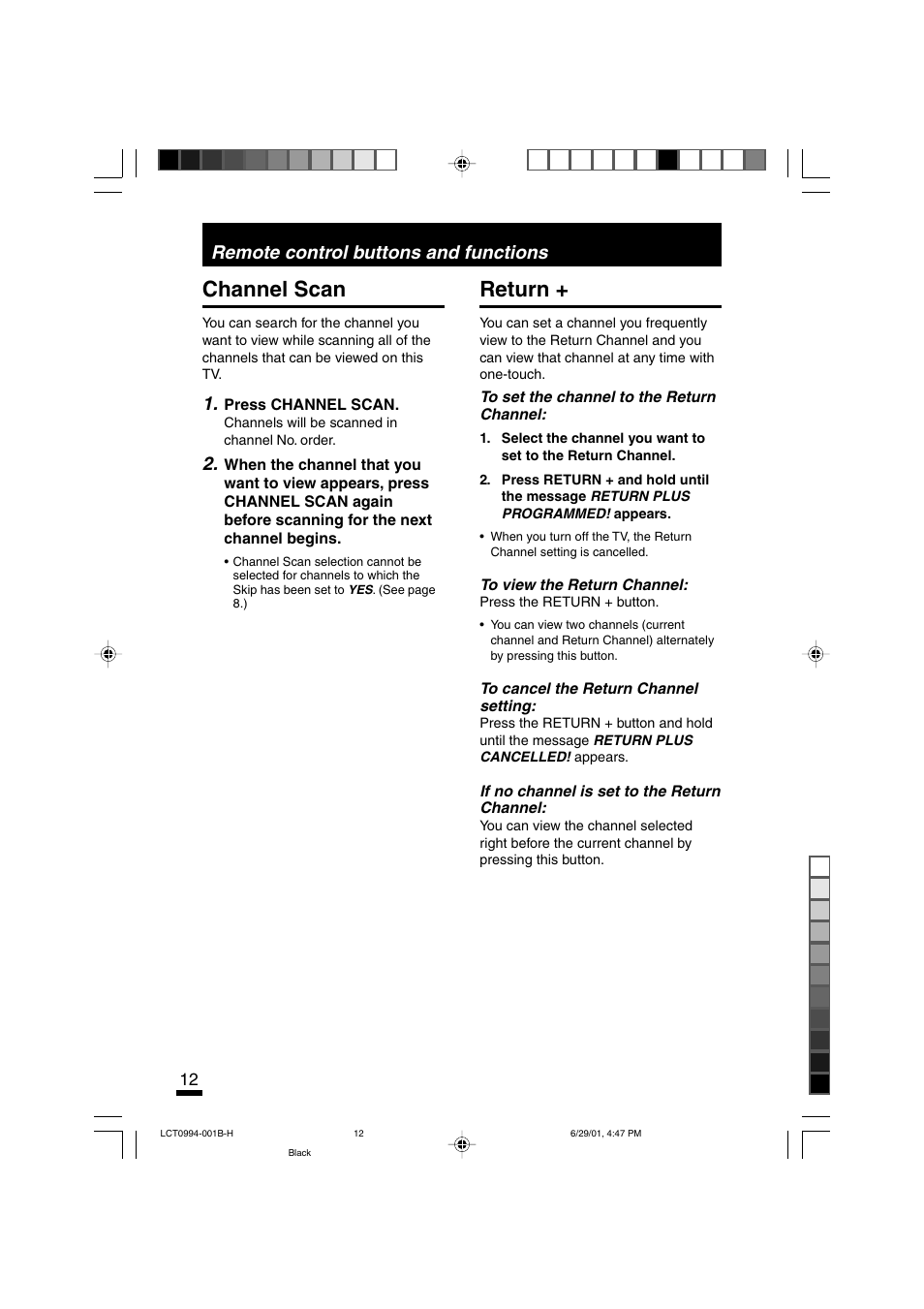 Channel scan, Return, Remote control buttons and functions | JVC AV-14ATG2 User Manual | Page 12 / 19