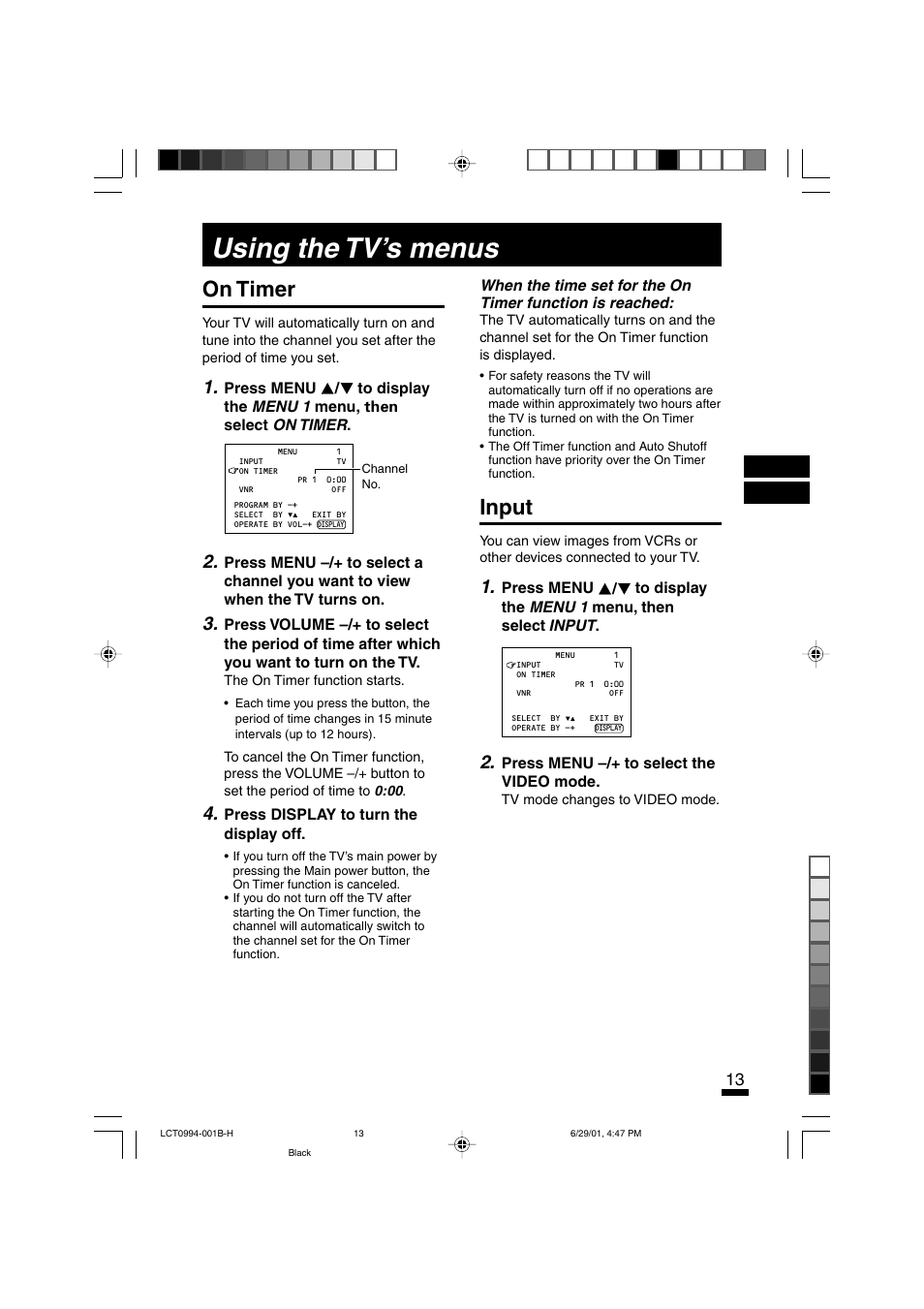 Using the tv’s menus, On timer, Input | JVC AV-14ATG2 User Manual | Page 13 / 19