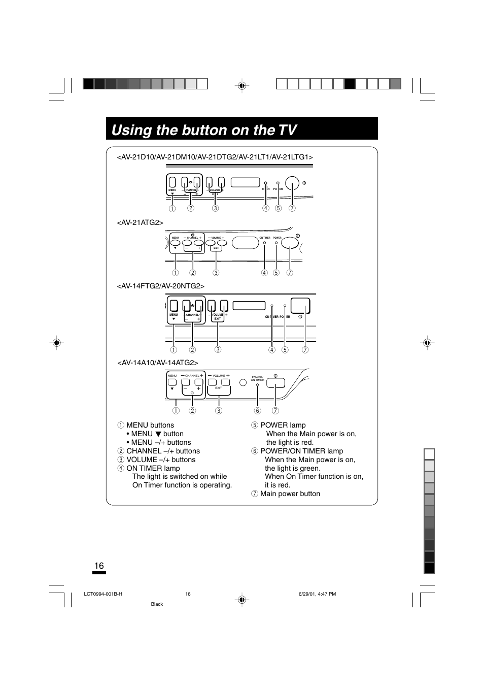 Using the button on the tv | JVC AV-14ATG2 User Manual | Page 16 / 19