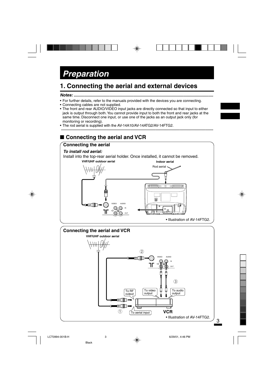 Preparation, Connecting the aerial and external devices, Connecting the aerial and vcr | Connecting the aerial, 32 vcr | JVC AV-14ATG2 User Manual | Page 3 / 19