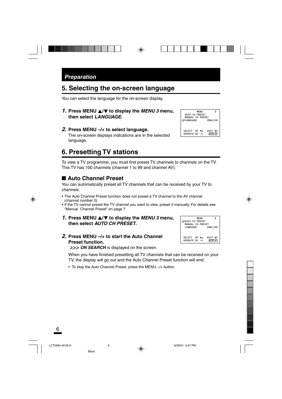 Selecting the on-screen language, Presetting tv stations, Preparation | Auto channel preset | JVC AV-14ATG2 User Manual | Page 6 / 19