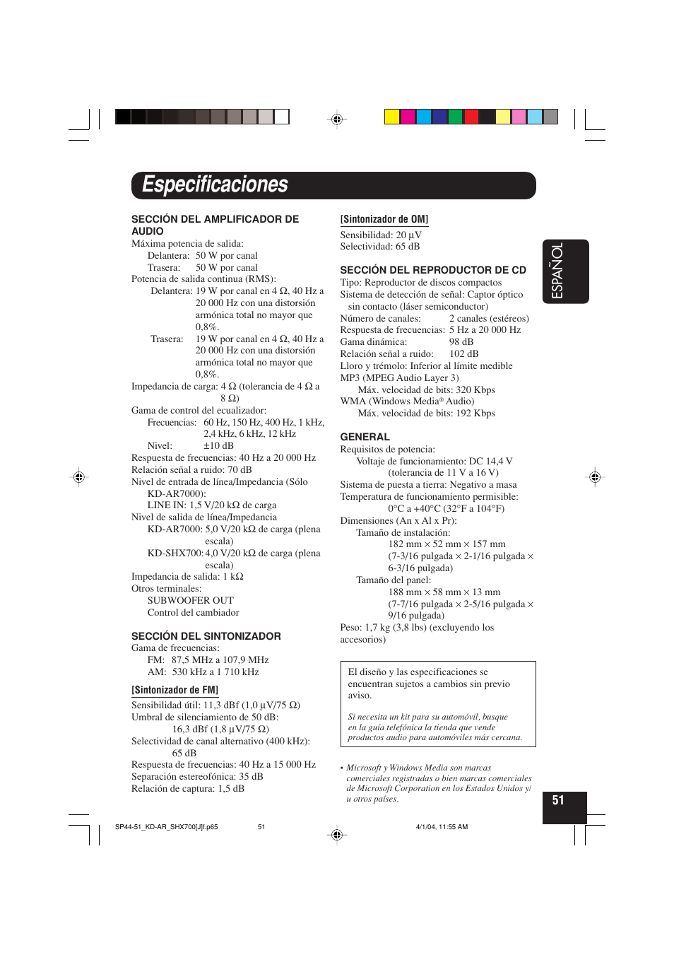 Especificaciones, Esp añol | JVC KD-AR7000 User Manual | Page 101 / 153