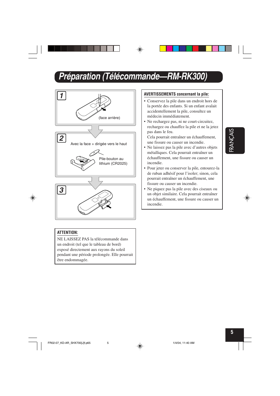 Préparation (télécommande—rm-rk300), Français | JVC KD-AR7000 User Manual | Page 105 / 153