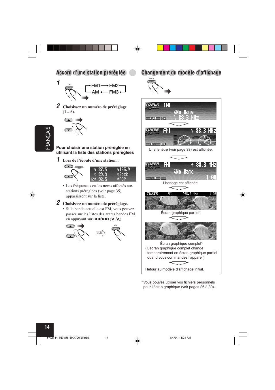 Fran ç ais, Accord d’une station préréglée, Changement du modèle d’affichage | JVC KD-AR7000 User Manual | Page 114 / 153