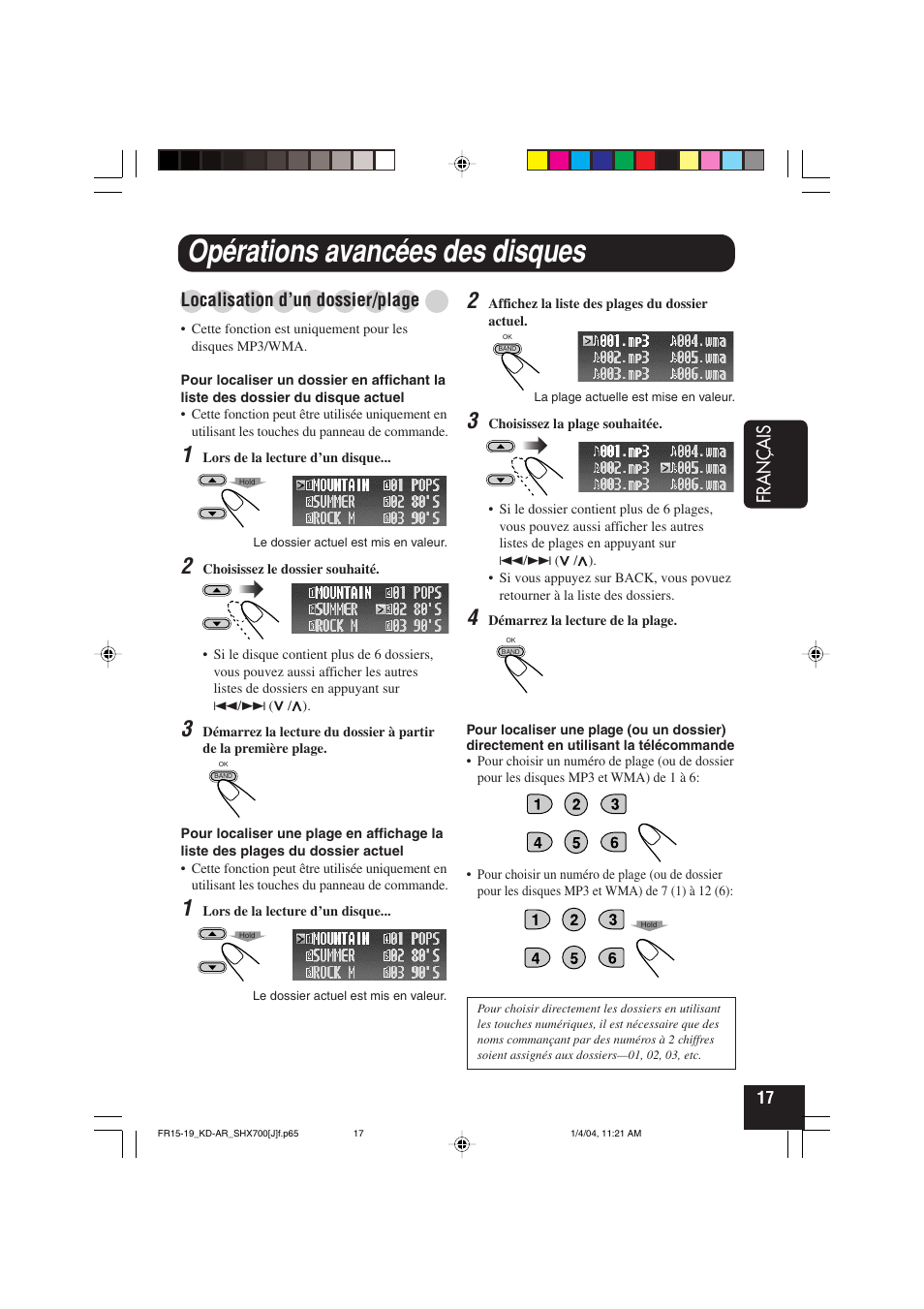 Opérations avancées des disques, Fran ç ais, Localisation d’un dossier/plage | JVC KD-AR7000 User Manual | Page 117 / 153