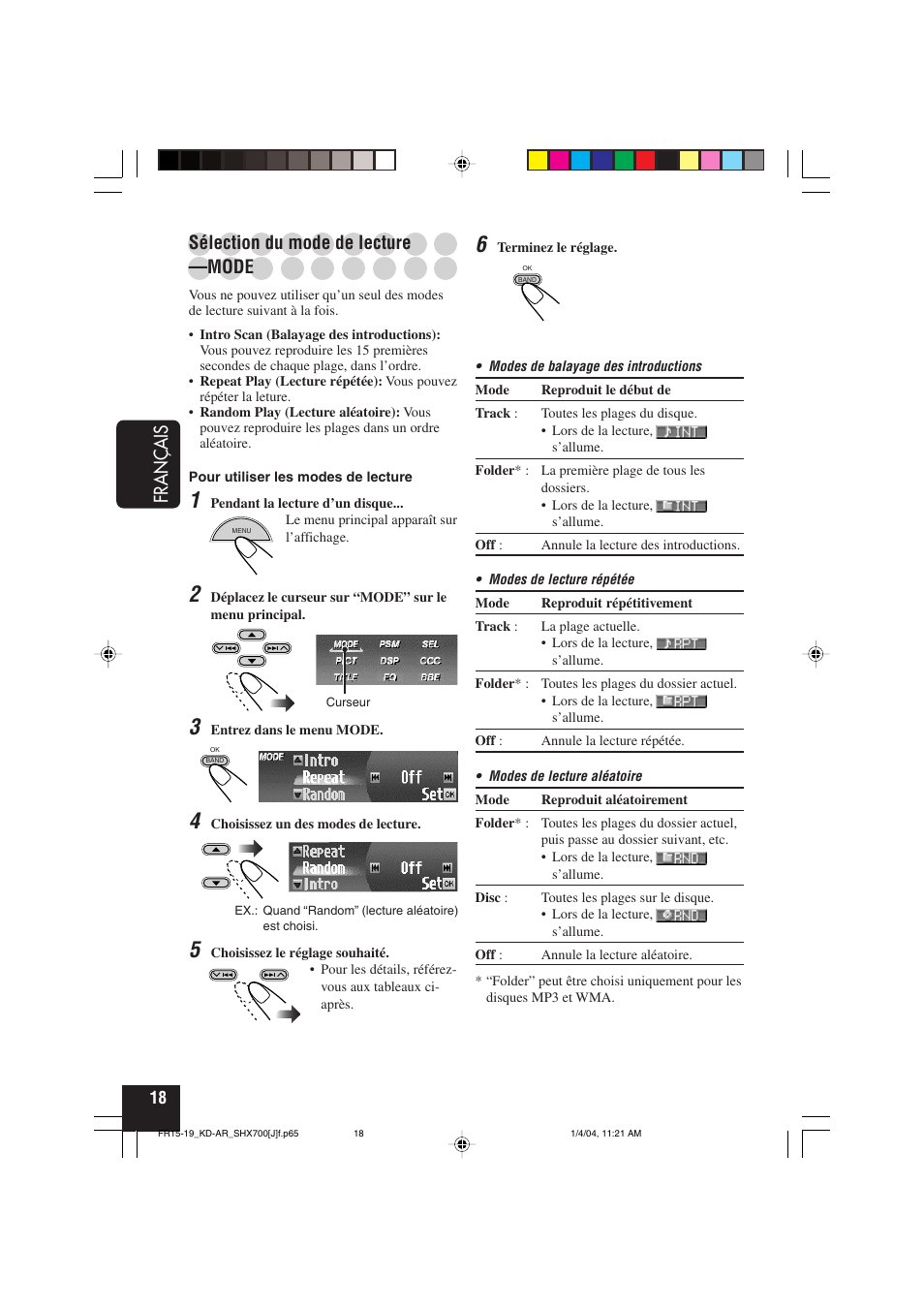 Fran ç ais, Sélection du mode de lecture, Mode | JVC KD-AR7000 User Manual | Page 118 / 153