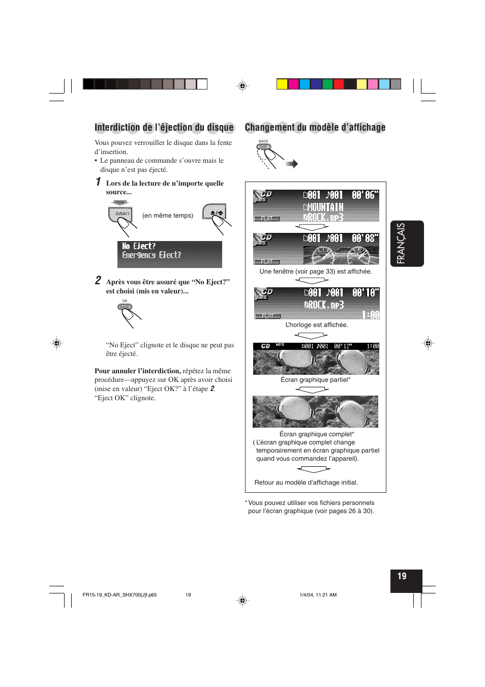 Fran ç ais, Changement du modèle d’affichage, Interdiction de l’éjection du disque | JVC KD-AR7000 User Manual | Page 119 / 153