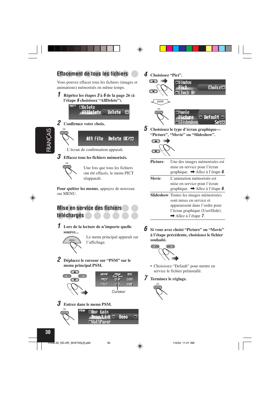 Fran ç ais, Effacement de tous les fichiers, Mise en service des fichiers | Téléchargés | JVC KD-AR7000 User Manual | Page 130 / 153