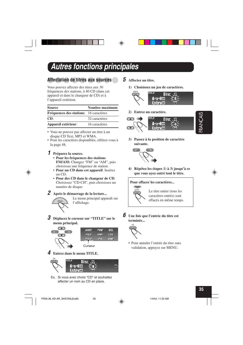 Autres fonctions principales, Fran ç ais, Affectation de titres aux sources | JVC KD-AR7000 User Manual | Page 135 / 153