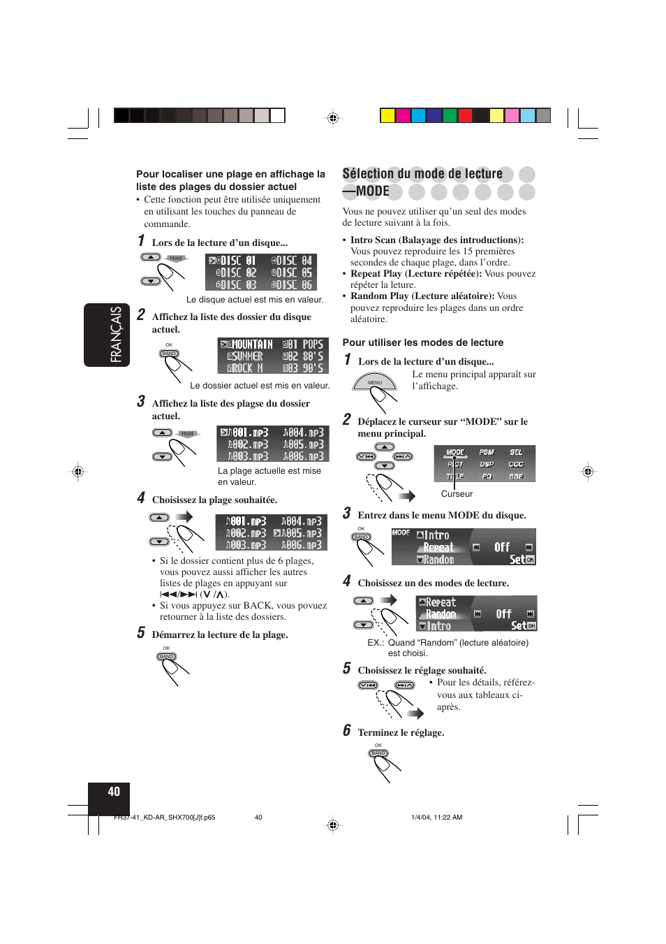Fran ç ais, Sélection du mode de lecture, Mode | JVC KD-AR7000 User Manual | Page 140 / 153