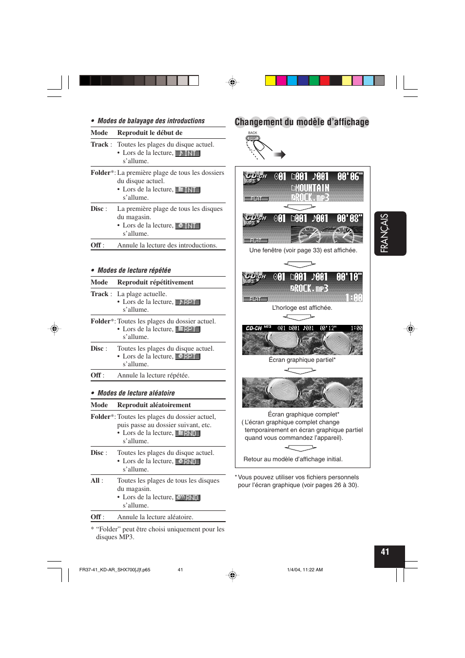 Fran ç ais, Changement du modèle d’affichage | JVC KD-AR7000 User Manual | Page 141 / 153