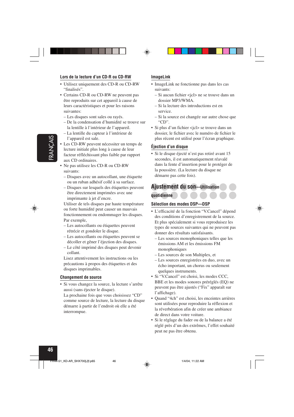 Fran ç ais, Ajustement du son | JVC KD-AR7000 User Manual | Page 146 / 153