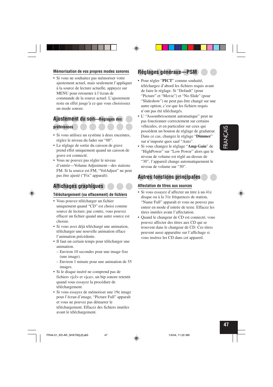 Fran ç ais, Ajustement du son, Affichages graphiques | Réglages généraux—psm, Autres fonctions principales | JVC KD-AR7000 User Manual | Page 147 / 153