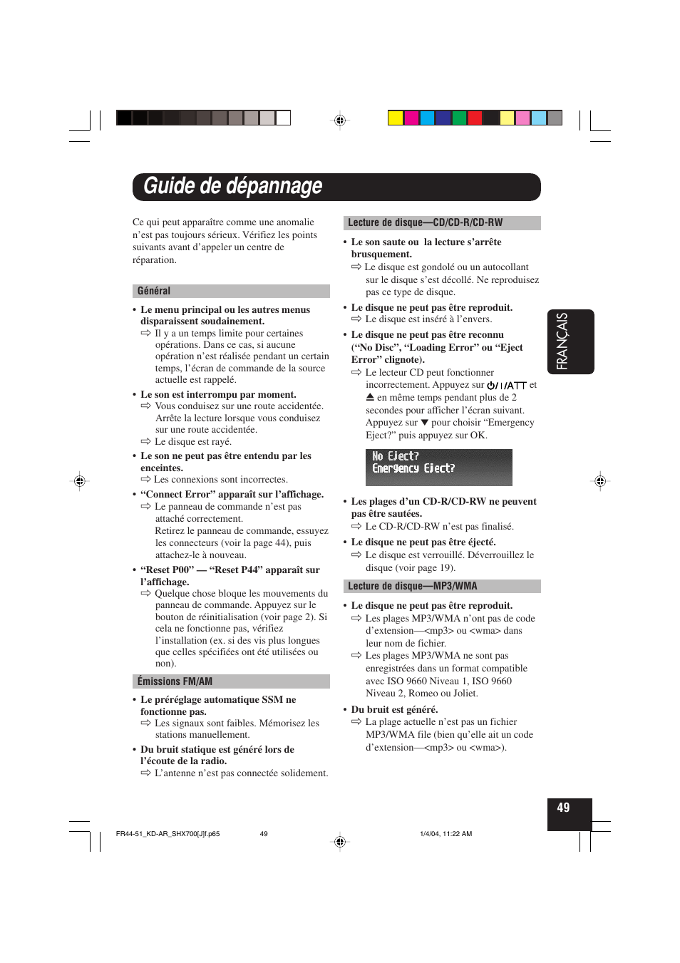 Guide de dépannage, Fran ç ais | JVC KD-AR7000 User Manual | Page 149 / 153