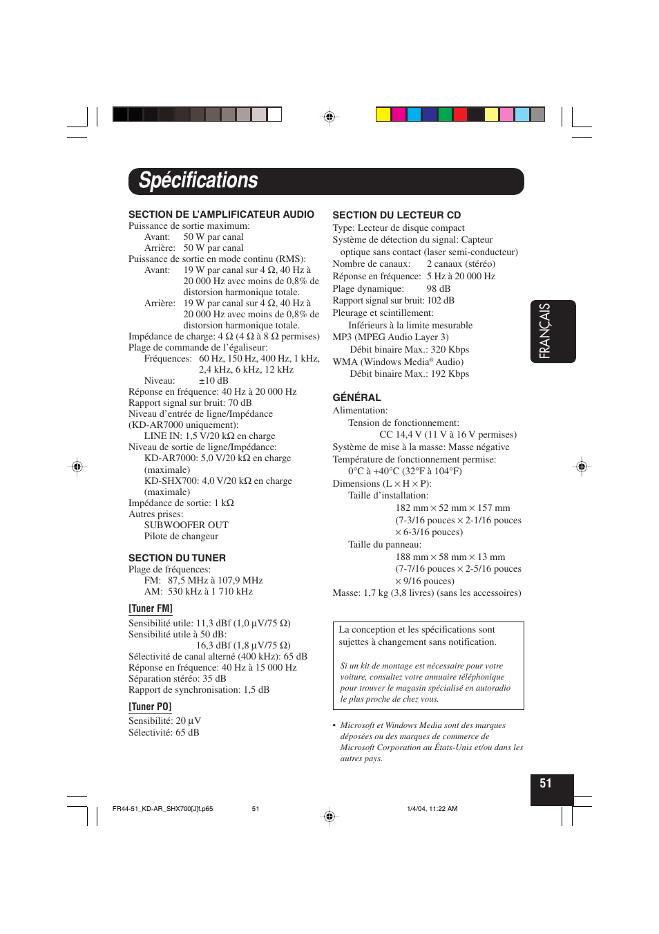 Spécifications, Fran ç ais | JVC KD-AR7000 User Manual | Page 151 / 153