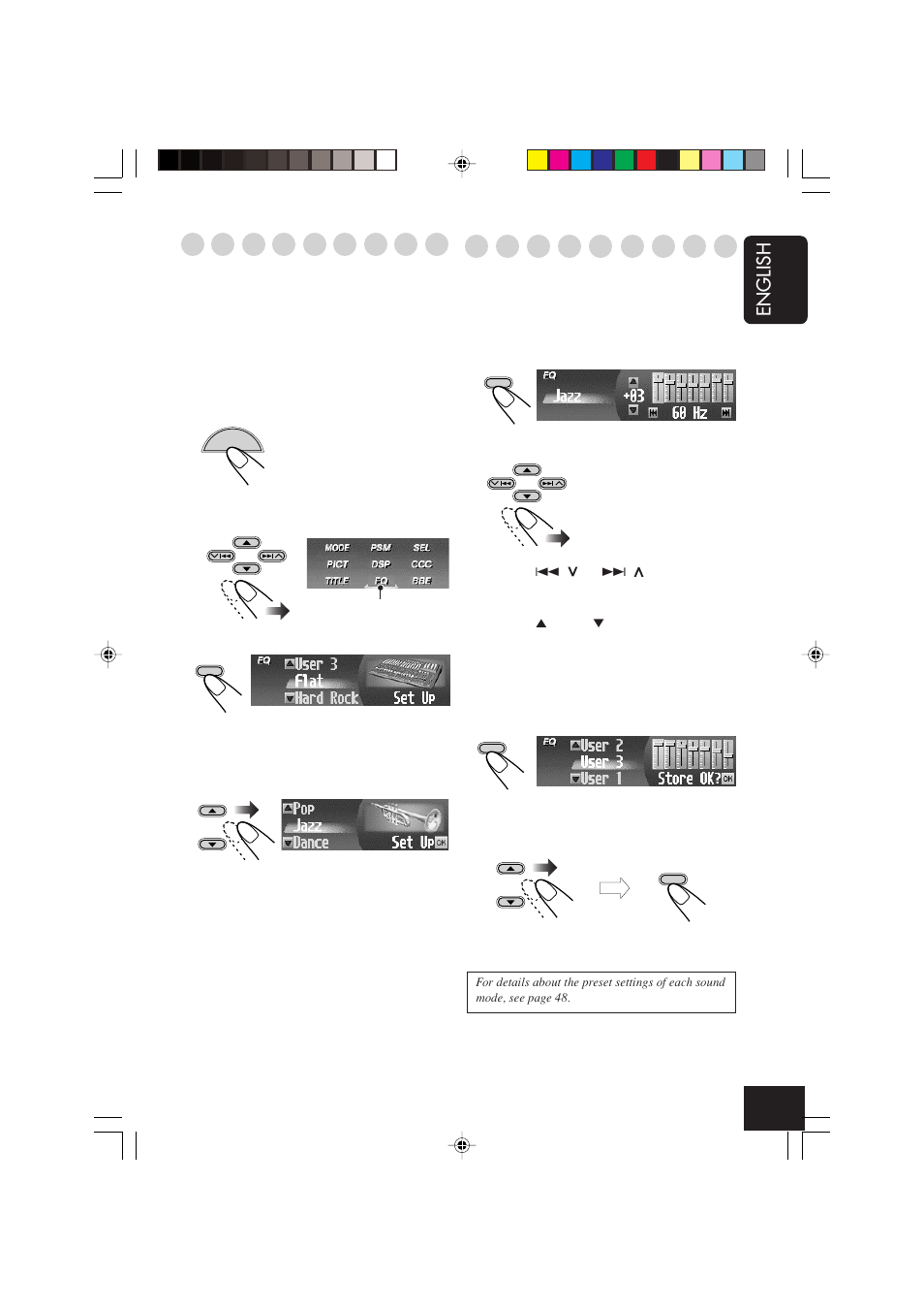 English, Selecting preset sound modes—eq, Storing your own sound modes | JVC KD-AR7000 User Manual | Page 23 / 153