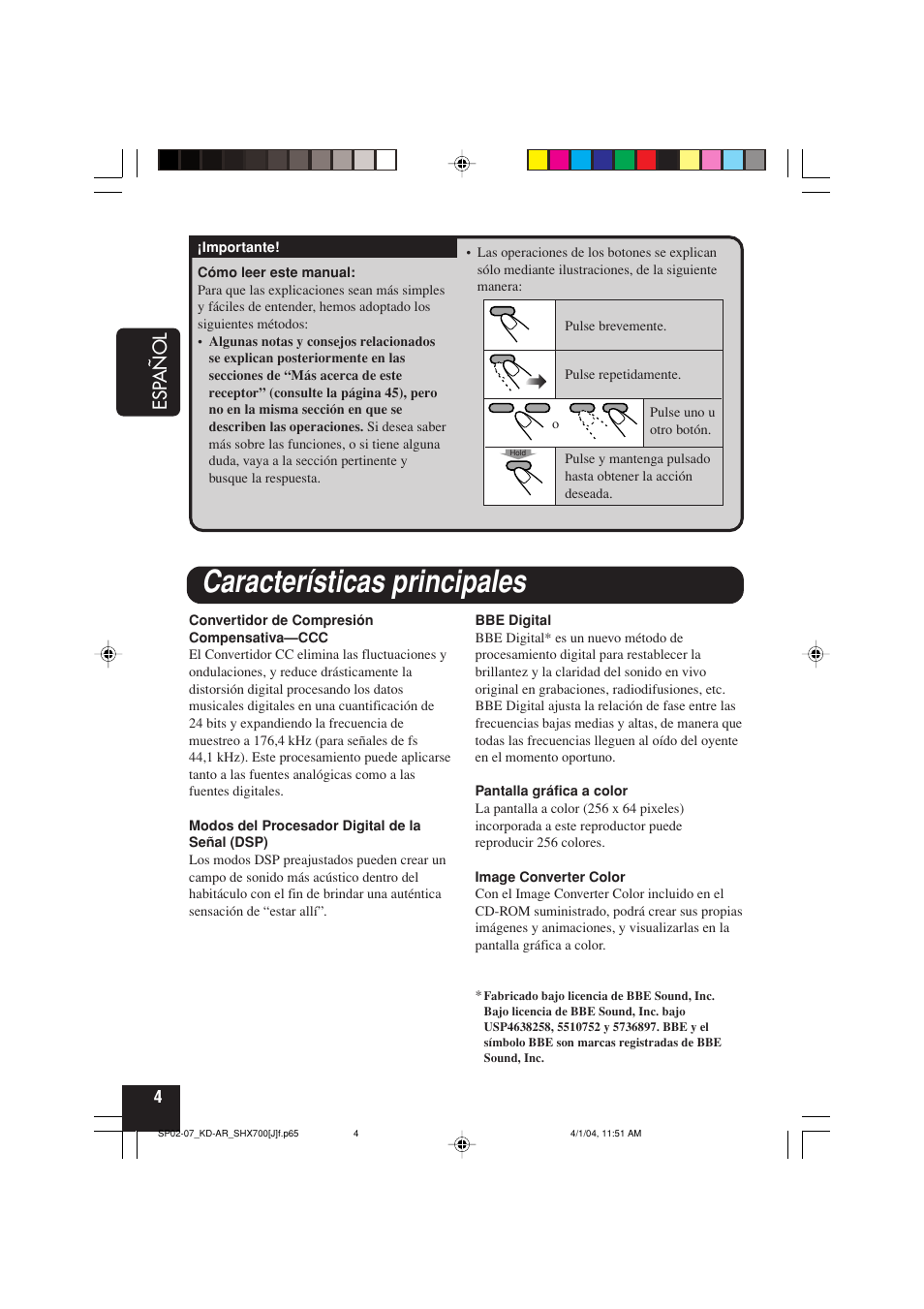 Características principales, Esp añol | JVC KD-AR7000 User Manual | Page 54 / 153
