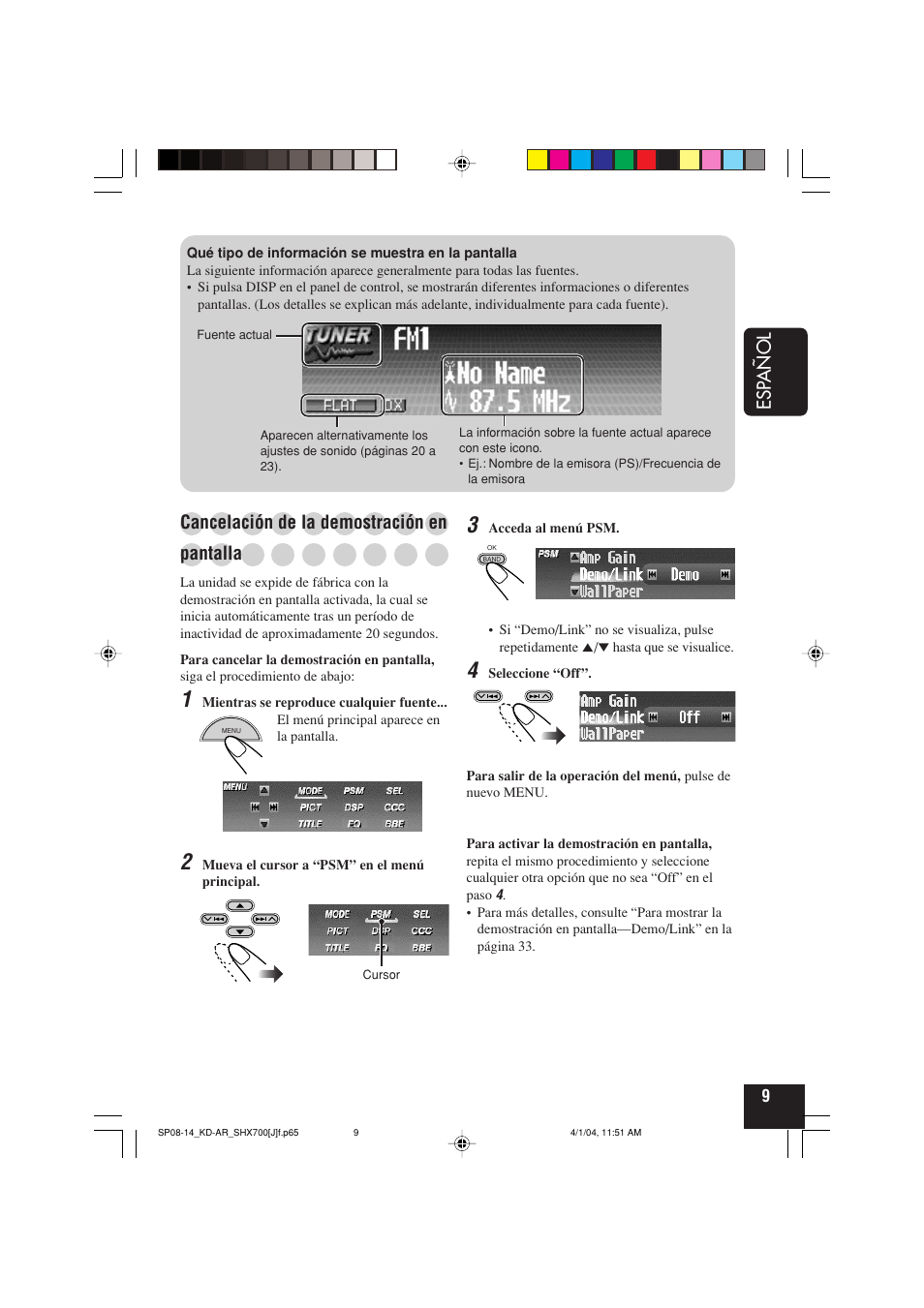 Esp añol, Cancelación de la demostración en, Pantalla | JVC KD-AR7000 User Manual | Page 59 / 153