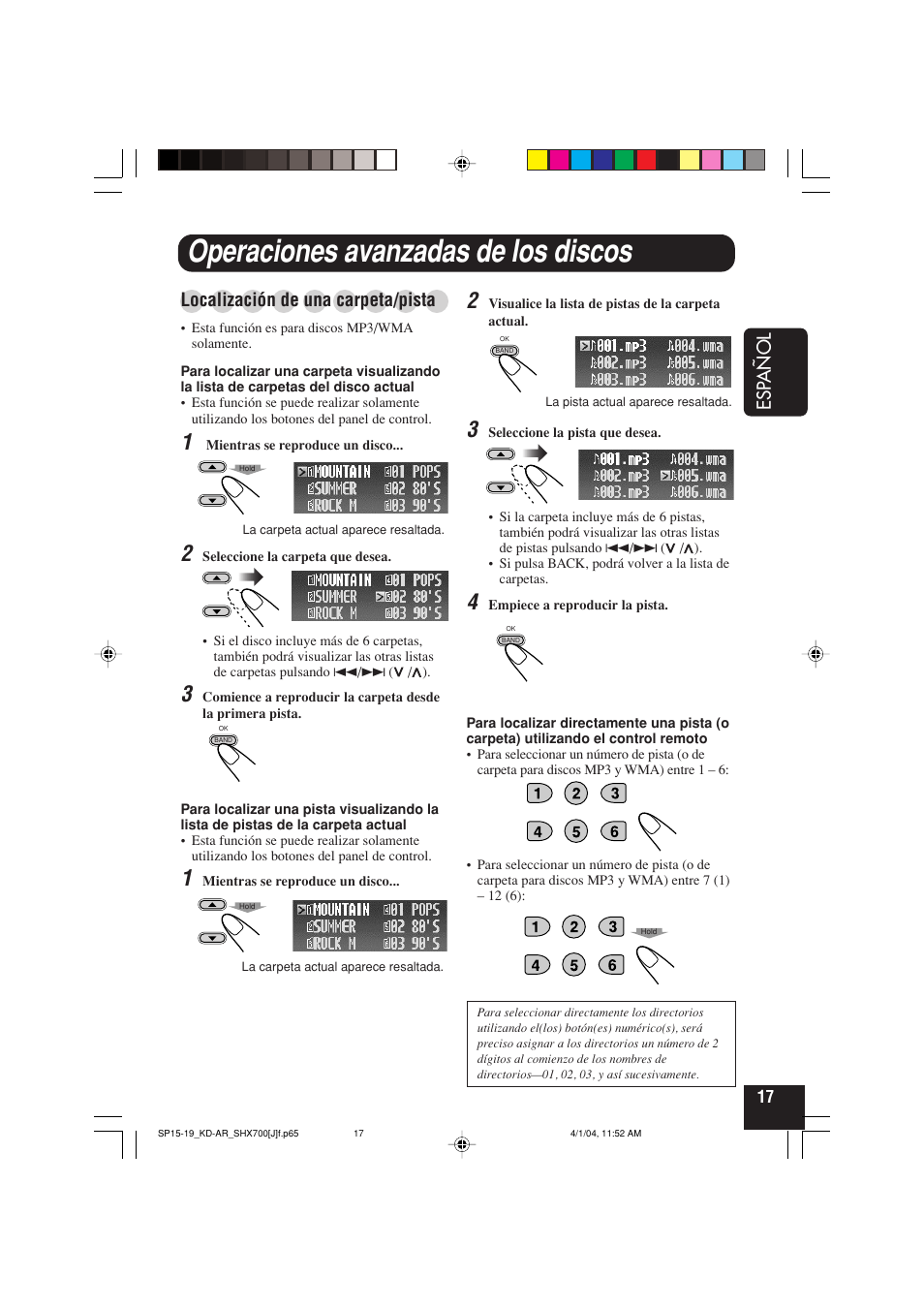 Operaciones avanzadas de los discos, Esp añol, Localización de una carpeta/pista | JVC KD-AR7000 User Manual | Page 67 / 153