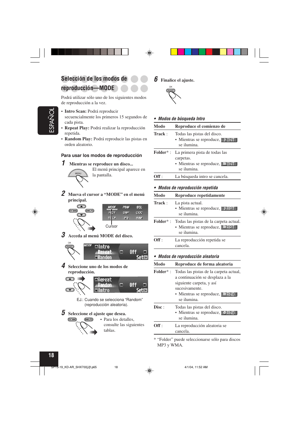 Esp añol, Selección de los modos de, Reproducción—mode | JVC KD-AR7000 User Manual | Page 68 / 153