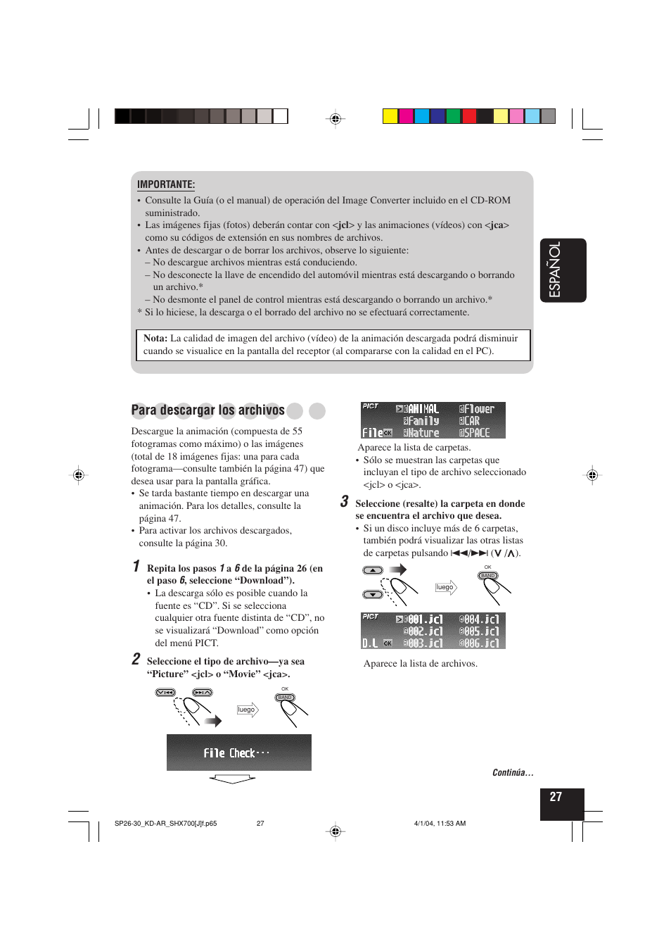 Esp añol, Para descargar los archivos | JVC KD-AR7000 User Manual | Page 77 / 153