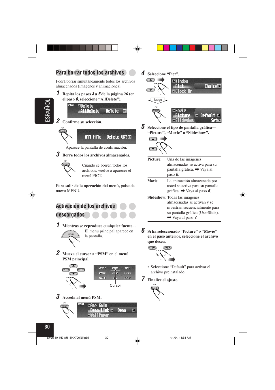 Esp añol, Para borrar todos los archivos, Activación de los archivos | Descargados | JVC KD-AR7000 User Manual | Page 80 / 153