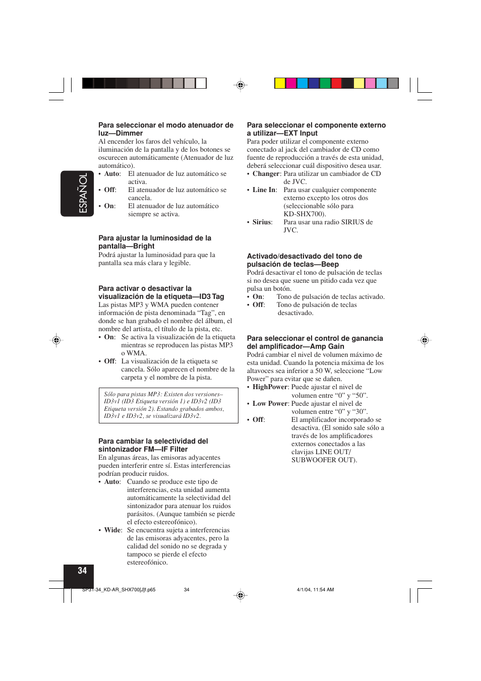 Esp añol | JVC KD-AR7000 User Manual | Page 84 / 153