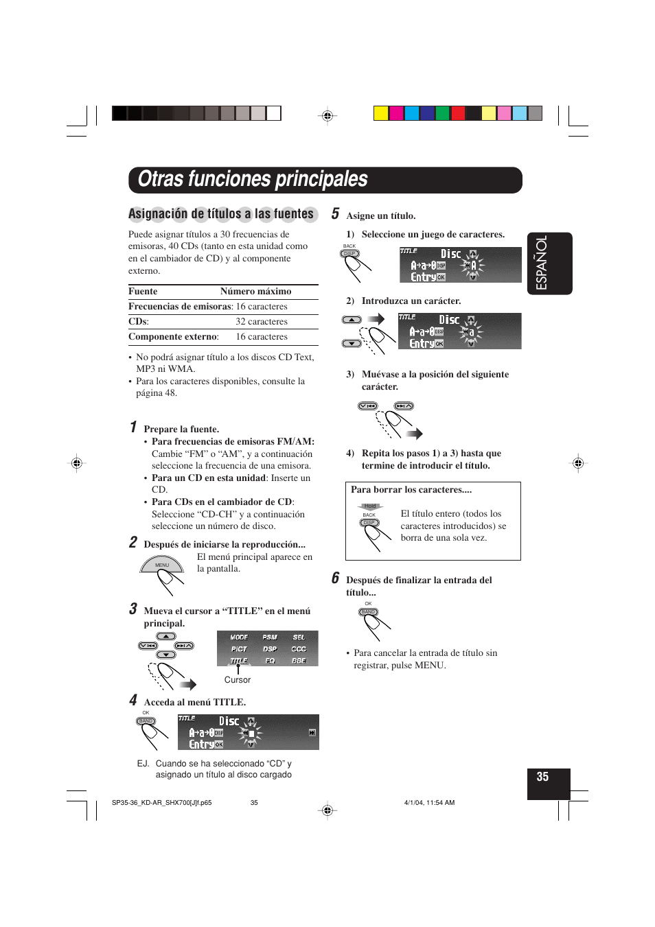 Otras funciones principales, Esp añol, Asignación de títulos a las fuentes | JVC KD-AR7000 User Manual | Page 85 / 153
