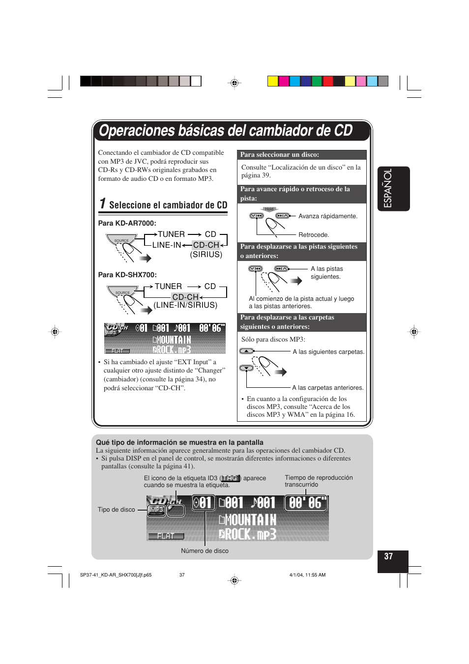 Operaciones básicas del cambiador de cd, Esp añol, Seleccione el cambiador de cd | JVC KD-AR7000 User Manual | Page 87 / 153