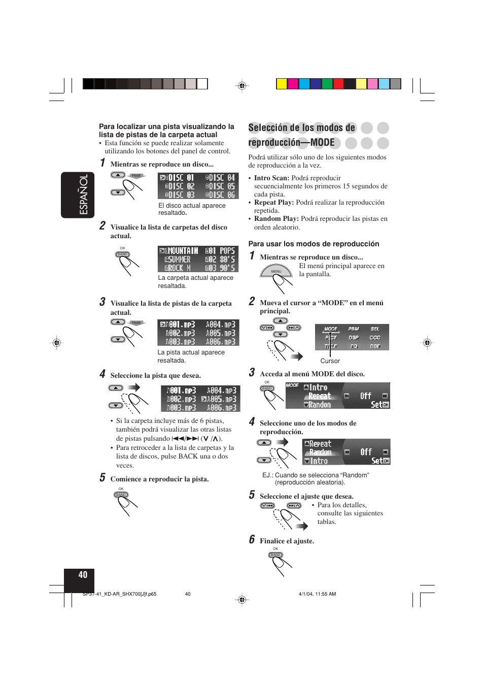 Esp añol, Selección de los modos de, Reproducción—mode | JVC KD-AR7000 User Manual | Page 90 / 153