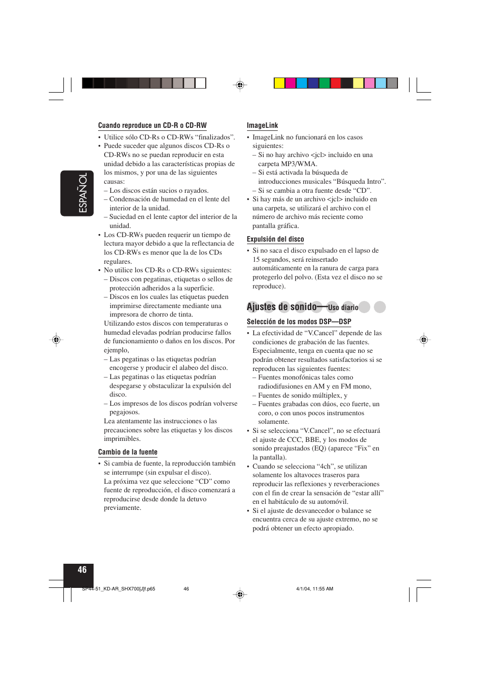 Esp añol, Ajustes de sonido | JVC KD-AR7000 User Manual | Page 96 / 153