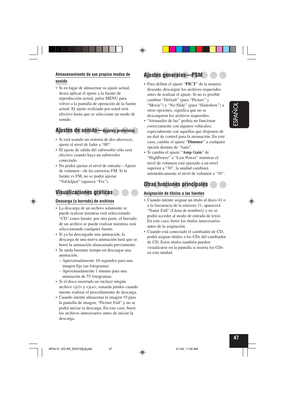 Esp añol, Ajustes de sonido, Visualizaciones gráficas | Ajustes generales—psm, Otras funciones principales | JVC KD-AR7000 User Manual | Page 97 / 153