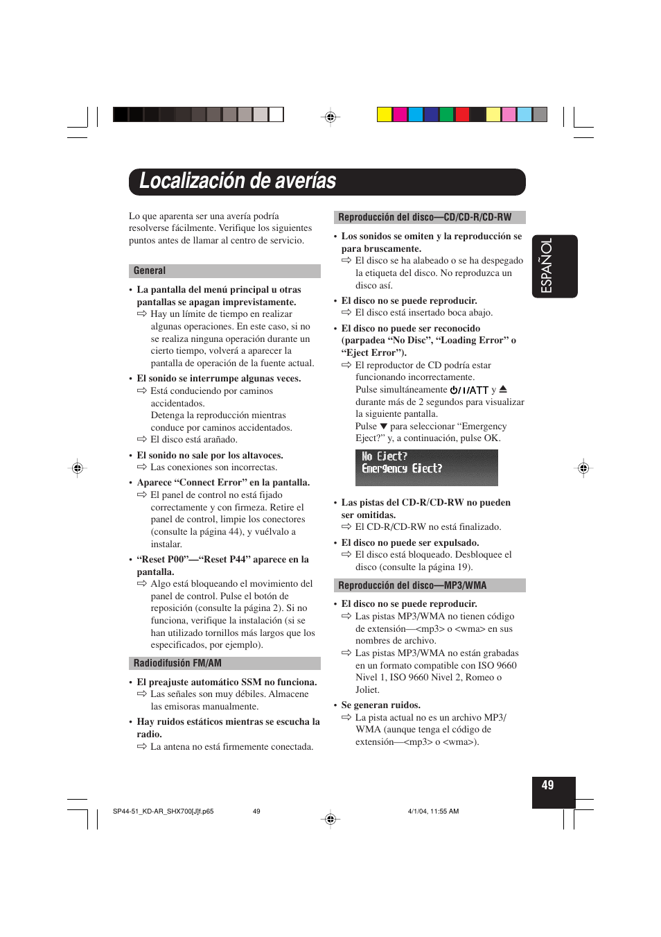 Localización de averías, Esp añol | JVC KD-AR7000 User Manual | Page 99 / 153