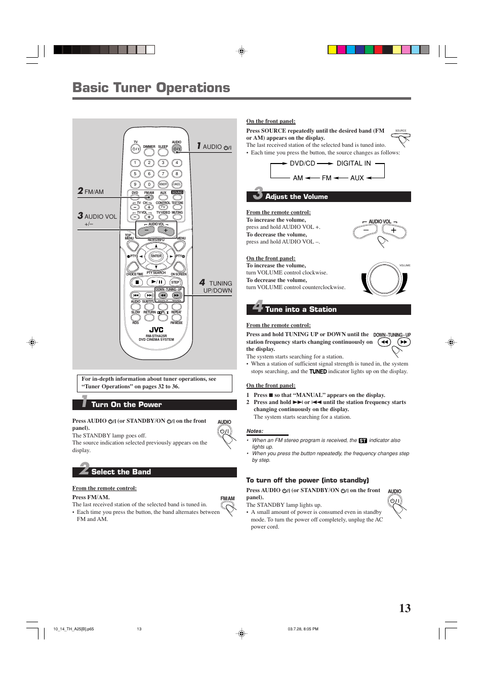 Basic tuner operations, Turn on the power, Select the band | Tune into a station | JVC TH-A25 User Manual | Page 17 / 50