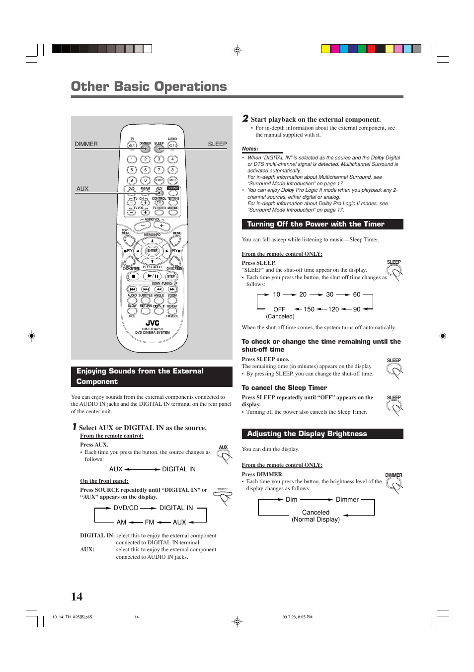 Other basic operations, Start playback on the external component, Turning off the power with the timer | Adjusting the display brightness, Enjoying sounds from the external component, Select aux or digital in as the source | JVC TH-A25 User Manual | Page 18 / 50