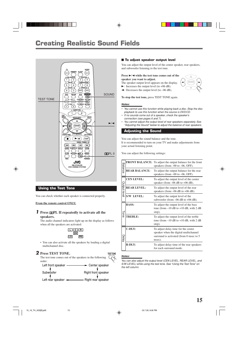 Creating realistic sound fields, Adjusting the sound, Using the test tone | Press test tone | JVC TH-A25 User Manual | Page 19 / 50