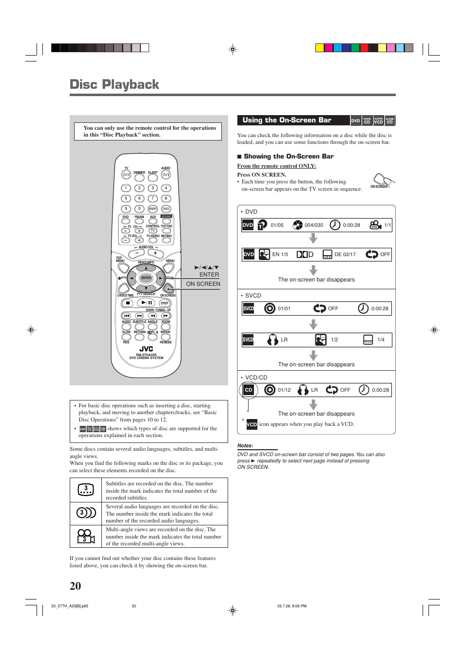 Disc playback, Using the on-screen bar, 7 showing the on-screen bar | JVC TH-A25 User Manual | Page 24 / 50