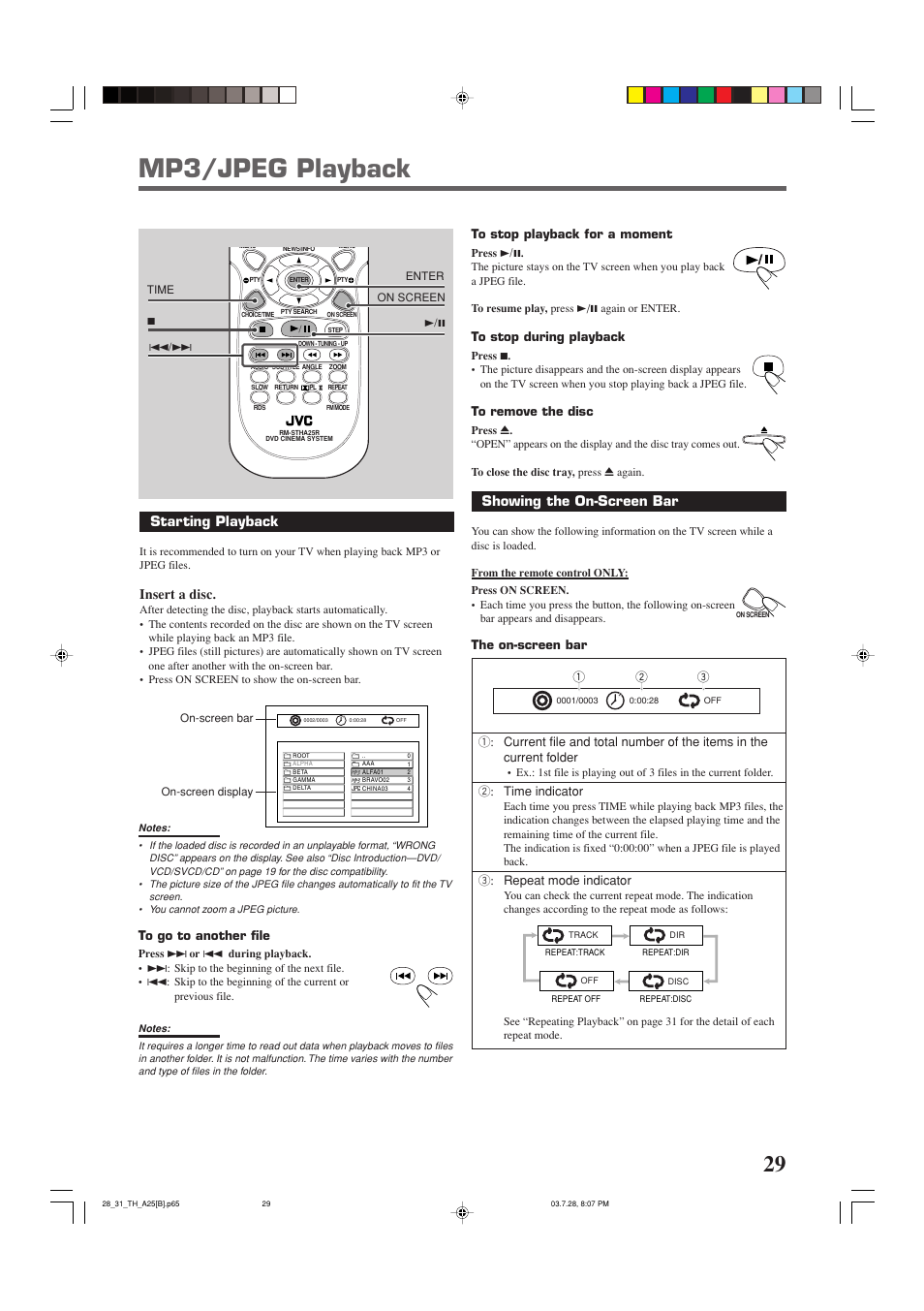 Mp3/jpeg playback, Starting playback, Insert a disc | Showing the on-screen bar | JVC TH-A25 User Manual | Page 33 / 50
