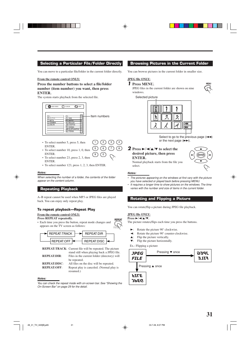 Selecting a particular file/folder directly, Repeating playback, Rotating and flipping a picture | Browsing pictures in the current folder, Press menu | JVC TH-A25 User Manual | Page 35 / 50