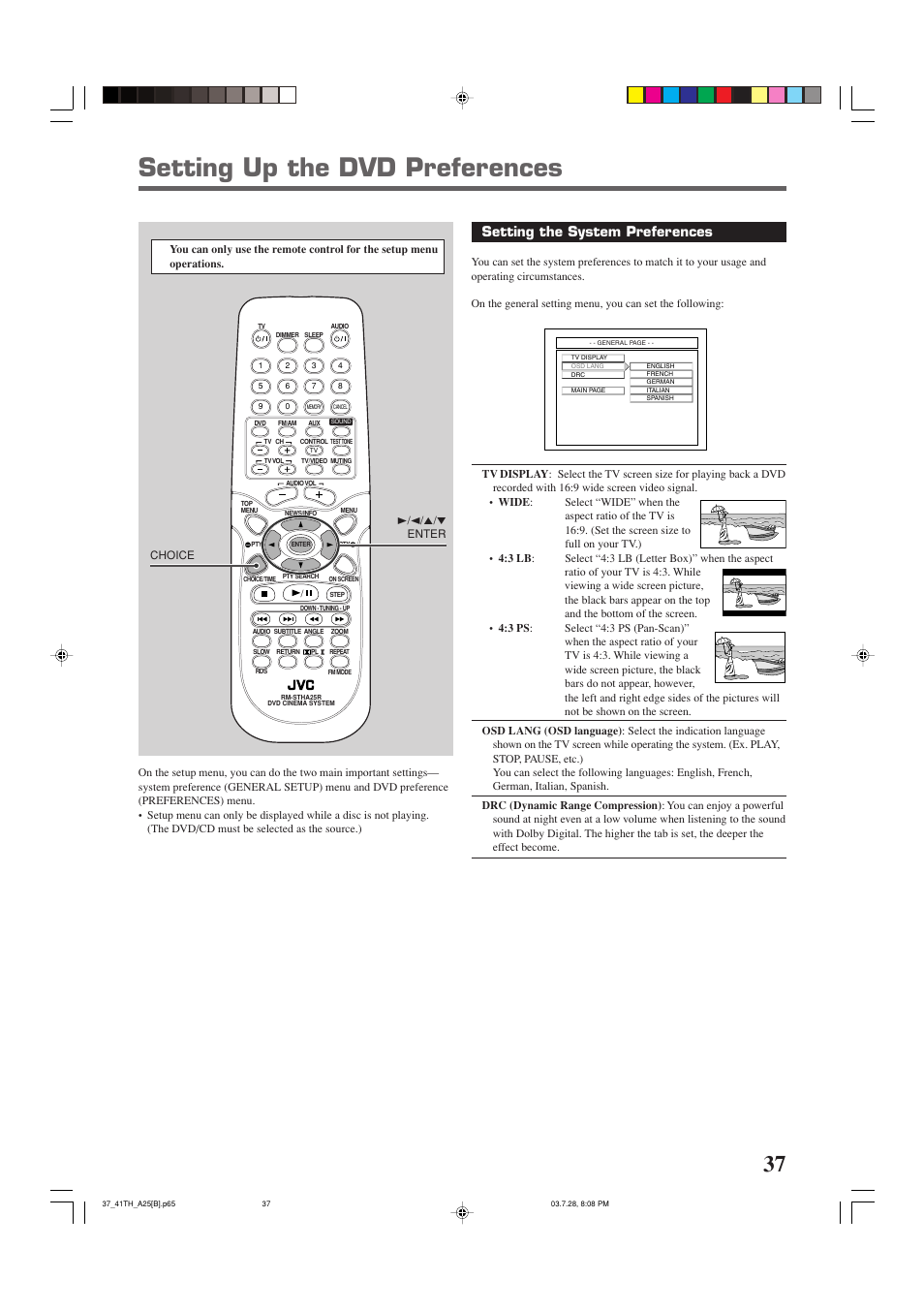 Setting up the dvd preferences, Setting the system preferences | JVC TH-A25 User Manual | Page 41 / 50