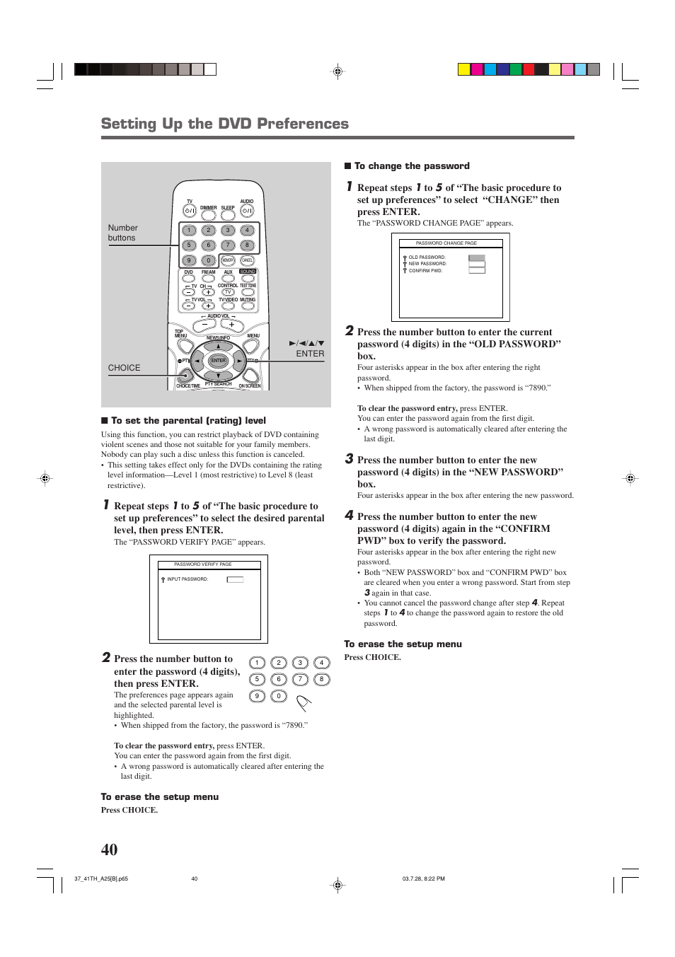 Setting up the dvd preferences, Change” then press enter | JVC TH-A25 User Manual | Page 44 / 50
