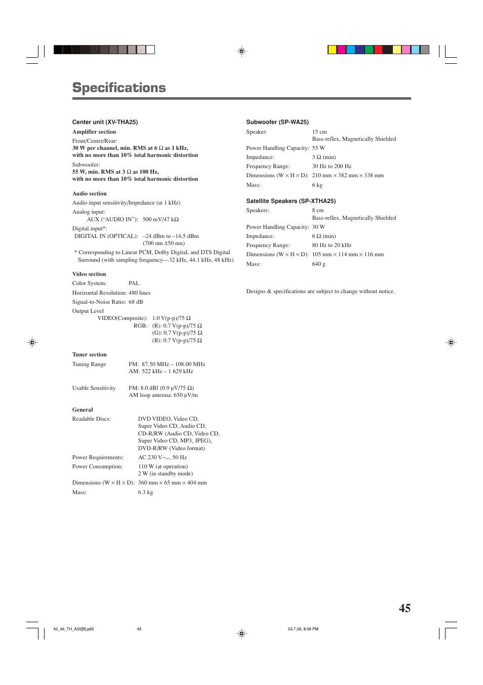 Specifications | JVC TH-A25 User Manual | Page 49 / 50