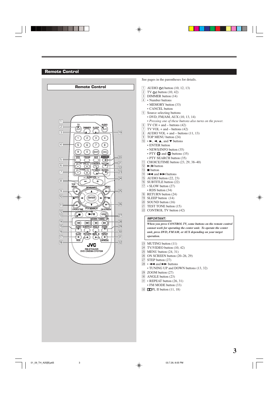 Remote control | JVC TH-A25 User Manual | Page 7 / 50
